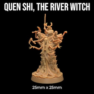 May include: A detailed miniature figurine of a female figure with multiple arms, holding various weapons, standing on a base with the text "Quen Shi, The River Witch" and "25mm x 25mm". The figure is made of a light brown plastic material.