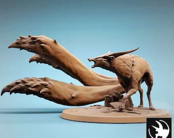 May include: A 3D printed model of a mythical creature with a wolf-like head and multiple tails. The creature is standing on a rocky base and has a fierce expression. The model is pre-supported and ready to be printed.