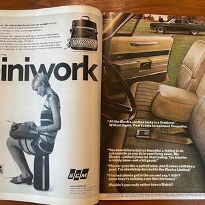 May include: A vintage magazine advertisement featuring a black and white photo of a person using a Smith-Corona portable typewriter, alongside a color photograph of a Buick Electra Limited car interior with tan upholstery and text.