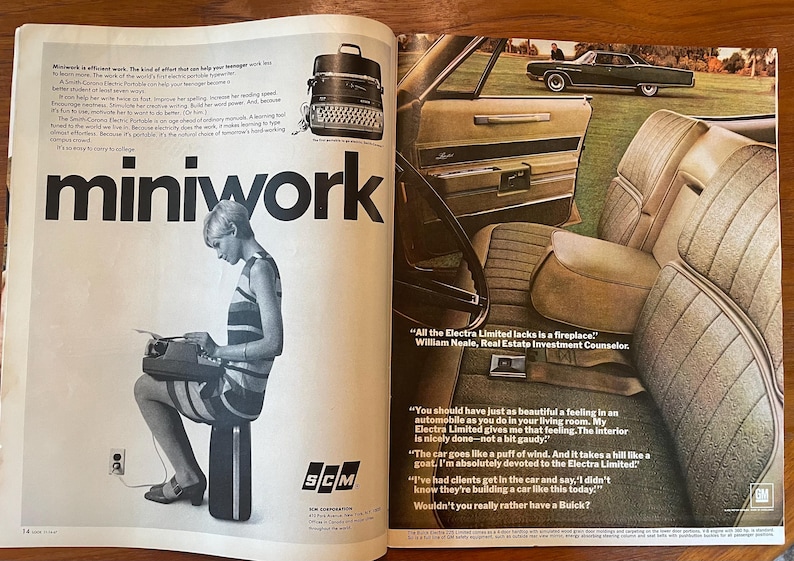 May include: A vintage magazine advertisement featuring a black and white photo of a person using a Smith-Corona portable typewriter, alongside a color photograph of a Buick Electra Limited car interior with tan upholstery and text.