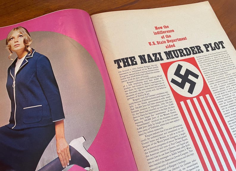 May include: A magazine spread featuring a photograph of a person in a dark blue jacket with white trim and a skirt, alongside an article titled How the indifference of the U.S. State Department aided THE NAZI MURDER PLOT with a swastika graphic.