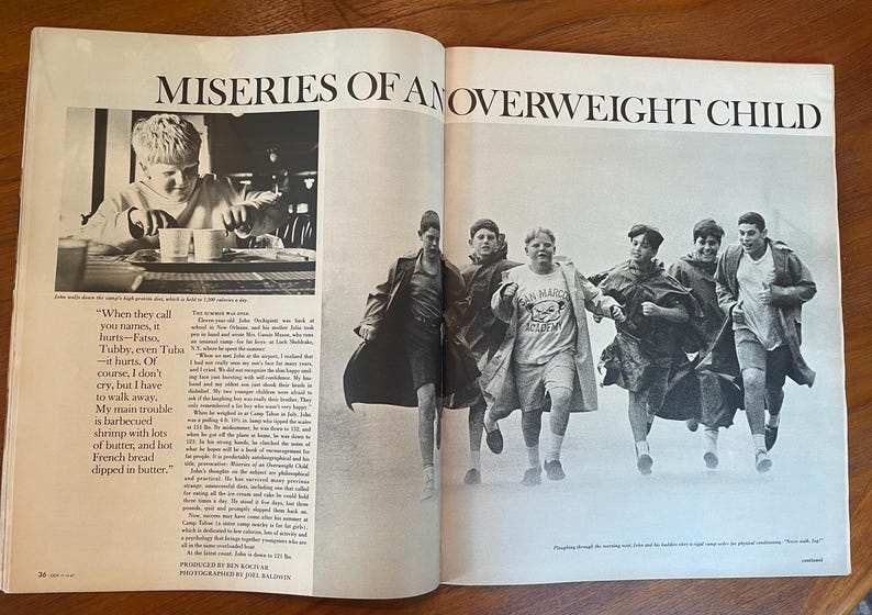May include: A black and white magazine spread titled MISERIES OF AN OVERWEIGHT CHILD. The left page features a photograph of a child eating and a column of text. The right page shows a group of children running outdoors in rain gear.
