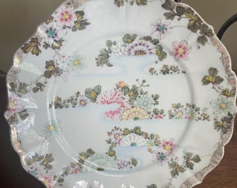 Antique Japanese Hand Painted Porcelain Plate Fan Motif Floral Gold Trim Scalloped Edge Cabinet Plate Cottage Decor