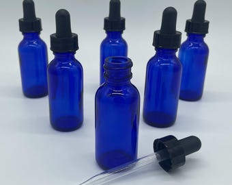 1 ounce cobalt blue glass bottles with black bulb glass dropper, 6ct