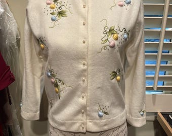 Vintage Embroidered Angora Blend Cardigan Sweater – Pearl Button Pastel Easter Egg Motif | Fully Lined | Size 38