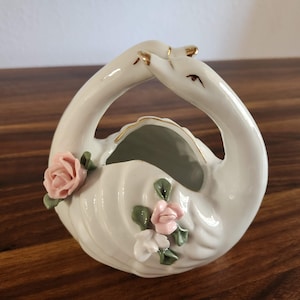 Swan figurine, vintage swan vase,coquette home decor,retro swan, cottage core decor,love bird swans,porcelain gold trim trinket