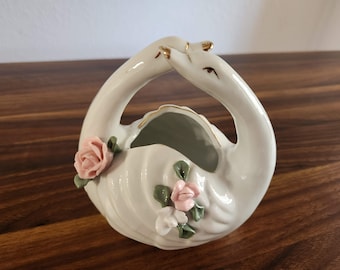 Swan figurine, vintage swan vase,coquette home decor,retro swan, cottage core decor,love bird swans,porcelain gold trim trinket