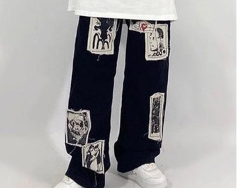 gothic clothing early 90s rapper Grunge Punk Black Jeans Women Hip Hop Streetwear Print Oversize Wide Leg Trousers 90s Vintage Fashion Pants