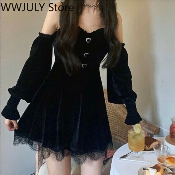 Goth Bimbo Gothic Black Velvet Dress Evening Party Long Sleeve Etsy