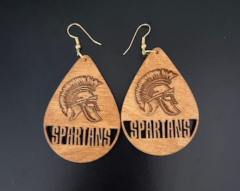 Custom School Mascot Teardrop Earrings || Wooden Engraved Teardrop Earrings || School Spirit Earrings