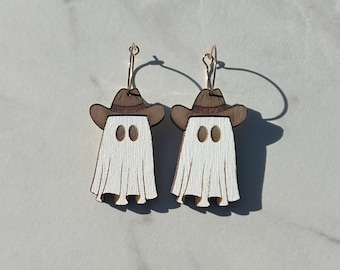 Cowboy Ghost Dangle Earrings || Earrings for Halloween || Wooden Engraved Dangle Earrings