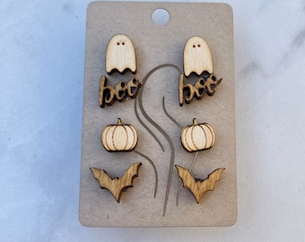 Halloween 4-Pack Wooden Stud Earrings || Earrings for Halloween || Wooden Engraved Stud Earrings