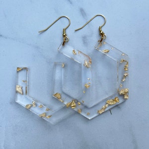 Gold Foil Flaked Clear Hexagon Hoops || Dangle Earrings || Statement Earrings