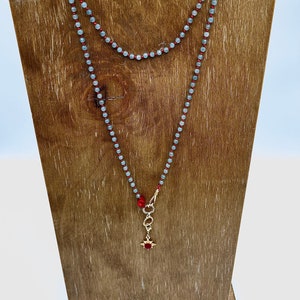 Blue Quartz Beaded Necklace with Sun Pendant: Handmade Healing Stone Jewelry