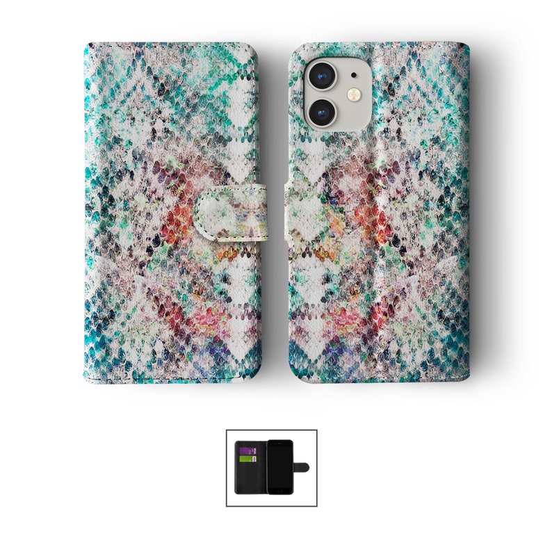 Étui portefeuille à rabat avec porte-cartes pour iPhone 15 14 13 12 11 Samsung S20 S10 imprimé animal léopard guépard Jaguar imprimé serpent coloré 05
