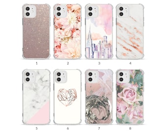 Phone Case Shockproof Soft Clear Cover for iPhone 15 14 13 12 11 XS XR SE 7 8 6S 5 Rose Gold Floral Marble Granite