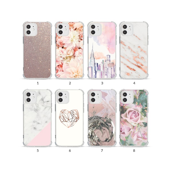 Phone Case Shockproof Soft Clear Cover for iPhone 15 14 13 12 11 XS XR SE 7 8 6S 5 Rose Gold Floral Marble Granite