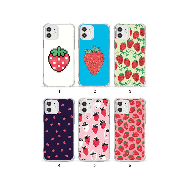 May include: Six phone cases with strawberry designs. The cases have clear edges and feature a range of backgrounds, including a pixelated strawberry, a large red strawberry, and strawberry patterns on different coloured backgrounds.