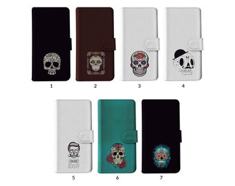 Wallet Flip Phone Case with Card Holder for iPhone 15 14 13 12 11 Samsung S20 S10 S9 Sugar Skulls Mexico