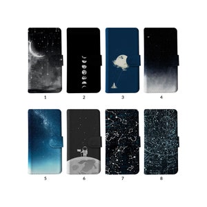 Wallet Flip Phone Case with Card Holder for iPhone 15 14 13 12 11 Samsung S20 S10 S9 Moon Stars Space Galaxy Constellations Starry Sky