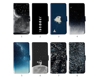 Wallet Flip Phone Case with Card Holder for iPhone 14 13 12 11 Samsung S20 S10 S9 Moon Phases Stars Space Galaxy Constellations Starry Sky