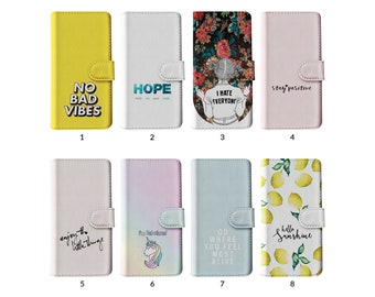 Flip Portemonnaie Handyhülle mit Kartenhalter für iPhone 15 14 13 12 11 Samsung S20 S10 Inspirierende Zitate rosa Regenbogen Einhorn Zitrone