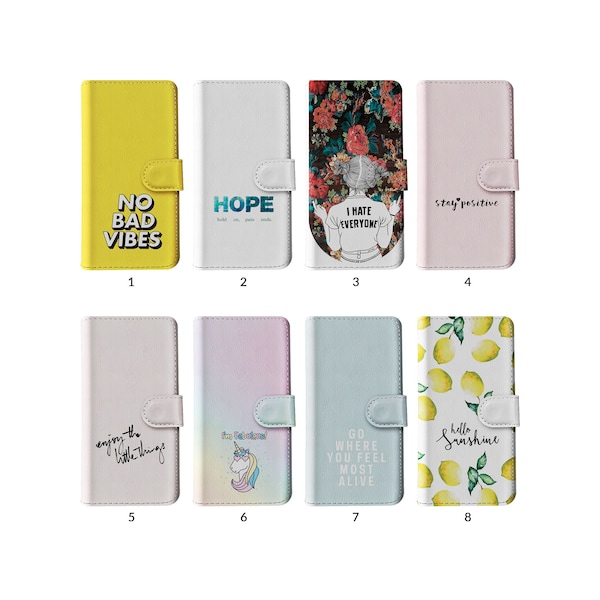 Wallet Flip Phone Case with Card Holder for iPhone 15 14 13 12 11 Samsung S20 S10 Inspirational Quotes Pink Rainbow Unicorn Lemon