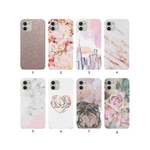 Phone Case for iPhone 15 14 13 12 11 XS XR SE 7 8 6S 5 Samsung S20 S10 S8 Hard Cover Rose Gold Floral Marble Granite Roses
