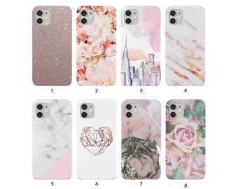 Phone Case for iPhone 13 12 11 XS XR SE 7 8 6S 5 Samsung S20 S10 S8 Hard Cover Rose Gold Floral Marble Granite Roses