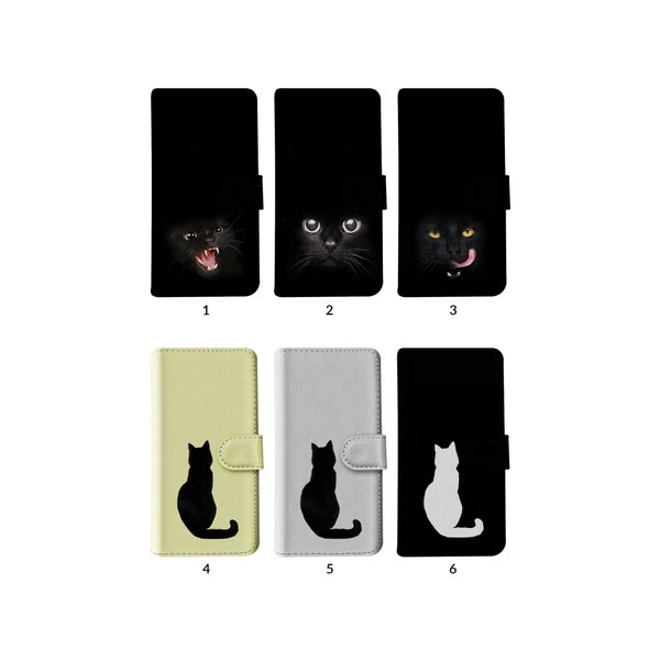 Wallet Flip Phone Case with Card Holder for iPhone 15 14 13 12 SE 11 8 XR Samsung S20 S10 S9 Black Cat Face Cute Kitten Feline Silhouette