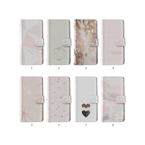 Capa tipo carteira com flip e porta-cartões para iPhone 15, 14, 13, 12, 11, Samsung S20, S10, S9, ouro rosa, textura de mármore, corações geométricos