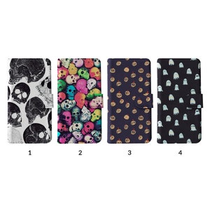 Funda tipo cartera con tarjetero para iPhone 15, 14, 13, 12, 11, SE, XR, Samsung S20, S10, S9, Halloween, calabaza, azúcar, calavera, fantasmas divertidos y aterradores