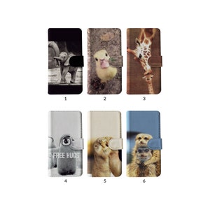 Funda tipo cartera con tarjetero para iPhone 15, 14, 13, 12 y 11, Samsung S20 y S10, con adorables cachorros de elefante, jirafa, patito y suricata.