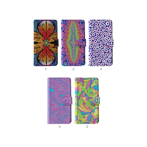 Capa tipo carteira com flip e porta-cartões para iPhone 15, 14, 13, 12, 11 XR 8 SE, Samsung S20, S10, S9, S8, ornamento vintage, hippie, padrão psicodélico