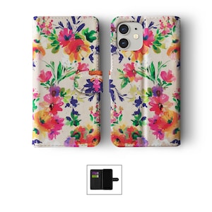 Étui portefeuille pour téléphone à rabat avec porte-cartes pour iPhone 15 14 13 11 Samsung S20 S10 fleurs colorées aquarelle fleurs de cerisier tournesols 04