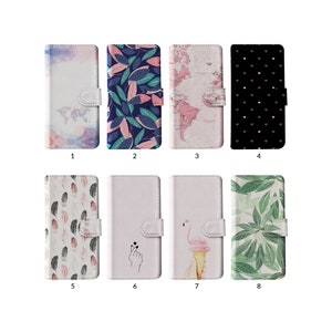 Wallet Flip Phone Case with Card Holder for iPhone 15 14 13 12 11 Samsung S20 S10 S9 Map Feather Leaves Hearts Pattern Pink Ice Cream
