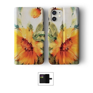 Étui portefeuille pour téléphone à rabat avec porte-cartes pour iPhone 15 14 13 11 Samsung S20 S10 fleurs colorées aquarelle fleurs de cerisier tournesols image 9