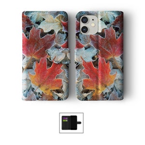 Étui portefeuille à rabat avec porte-cartes pour iPhone 14 13 12 11 Samsung S20 S10 S9 Feuilles d'automne colorées Feuilles d'automne rouges 03