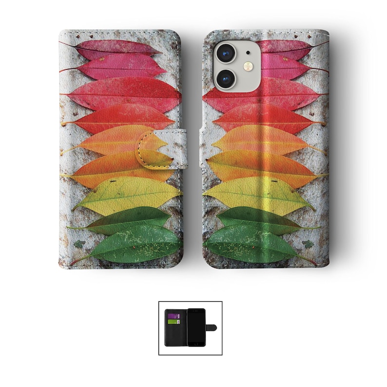 Étui portefeuille à rabat avec porte-cartes pour iPhone 14 13 12 11 Samsung S20 S10 S9 Feuilles d'automne colorées Feuilles d'automne rouges 04