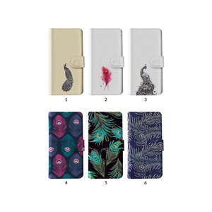 Wallet Flip Phone Case with Card Holder for iPhone 15 14 13 12 11 XR SE Samsung S20 S10 S9 S8 Peacock Feather Bird Aesthetic Animal Pattern