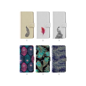 Capa tipo carteira com flip e porta-cartões para iPhone 15, 14, 13, 12, 11 XR SE, Samsung S20, S10, S9, S8, pena de pavão, pássaro, padrão animal estético