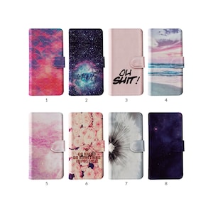 Wallet Flip Phone Case with Card Holder for iPhone 15 14 13 12 11 Samsung S20 S10 S9 Space Sea Purple Clouds Rose Quotes Dandelion