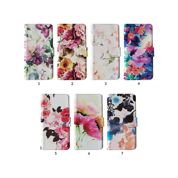 Flip Portemonnaie Handyhülle mit Kartenhalter für iPhone 15 14 13 12 11 Samsung S20 S10 S9 Floral Bunte Blumen Rose Mohn Aquarell Blüte