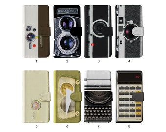 Étui portefeuille à rabat avec porte-cartes pour iPhone 15 14 13 12 11 Samsung S20 S10 S9 appareil photo vintage appareil photo à écrire rétro radio esthétique