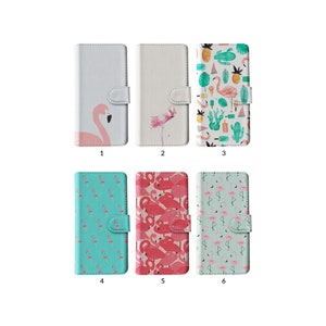 Funda tipo cartera con tarjetero para iPhone 15, 14, 13, 12, 11, XR, 8, SE, Samsung S20, S10, S9, S8, diseño de flamencos tropicales rosas
