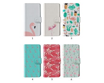 Wallet Flip Phone Case with Card Holder for iPhone 15 14 13 12 11 XR 8 SE Samsung S20 S10 S9 S8 Tropical Pink Flamingo Flock Animal Pattern