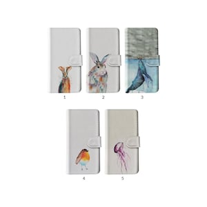 Capa tipo carteira com flip e porta-cartões para iPhone 15, 14, 13, 12, 11 XR 8, Samsung S20, S10, S9, animais, pássaros, coelhos, baleias, águas-vivas, aquarela