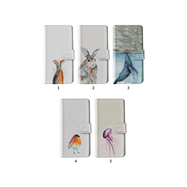 Wallet Flip Phone Case with Card Holder for iPhone 15 14 13 12 11 XR 8 Samsung S20 S10 S9 Animals Bird Rabbit Whale Jellyfish Watercolour