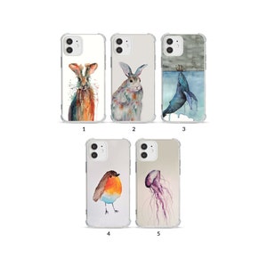 Phone Case Shockproof Soft Clear Cover for iPhone 15 14 13 12 11 XS XR SE 7 8 6S 5 Wild Animal Bird Rabbit Whale Jellyfish Robin Watercolour