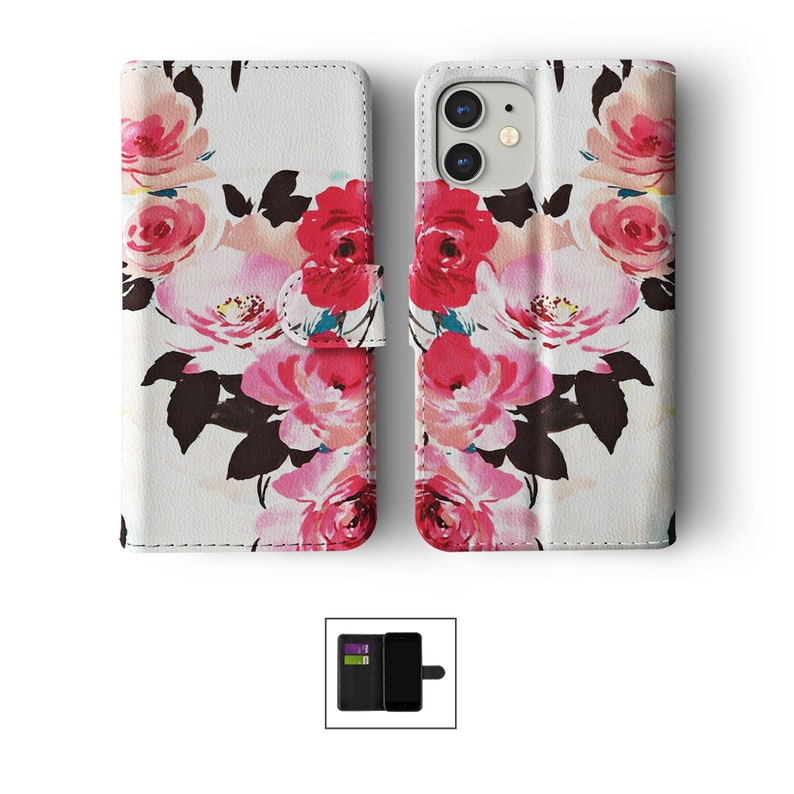 Wallet Flip Phone Case with Card Holder for iPhone 15 14 13 12 11 Samsung S20 S10 S9 Floral Colourful Flowers Rose Poppy Watercolour Blossom 06